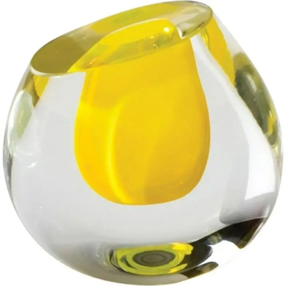 Global Views Color Drop Vase Lemon Yellow Hand Blown Art Glass Poland 4.5in
